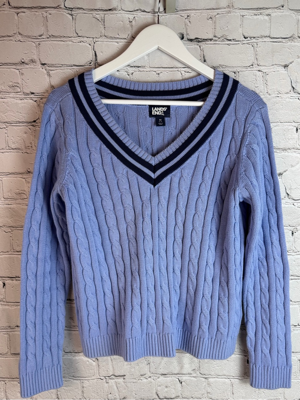 LANDS’ END Periwinkle Cable Knit Tennis‎ Sweater | V-Neck Prep Style | Blokecore